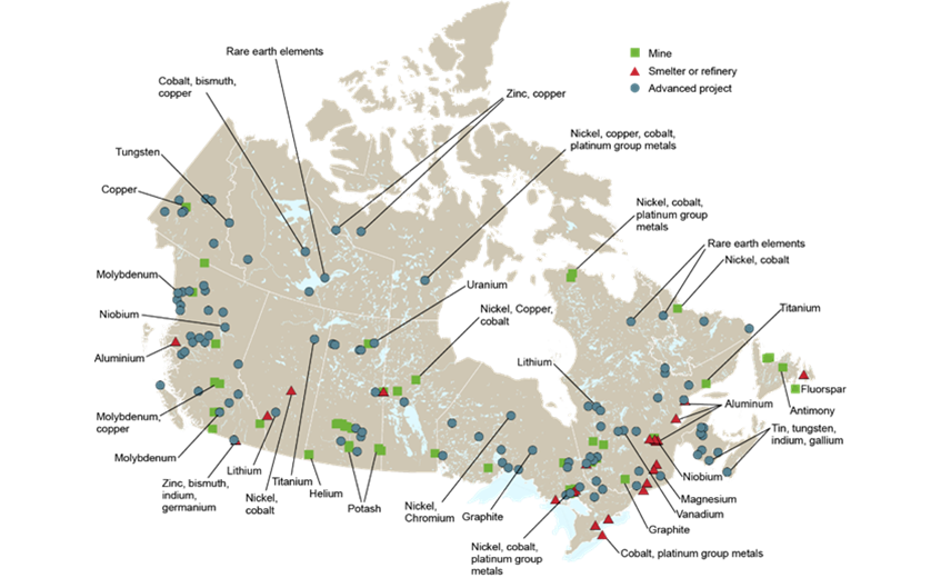 Map of critical minerals in Canada